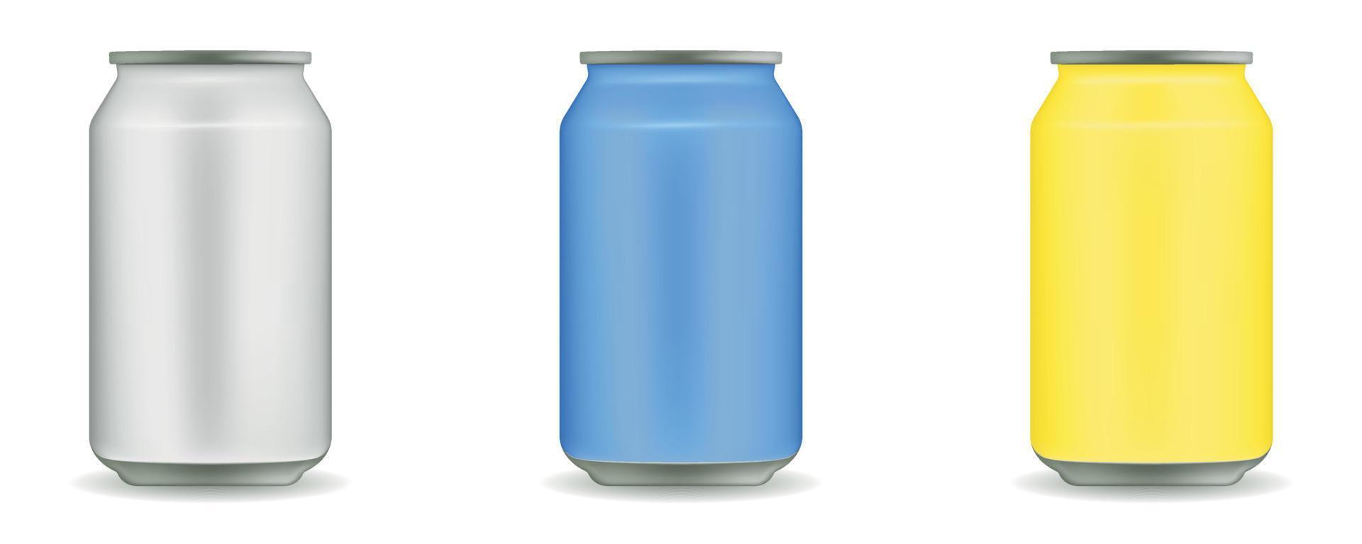 vector realista 3d vazio metal brilhante branco ou prata, pacote de cerveja de alumínio azul e amarelo ou pode definir. 330ml. lata para cerveja, álcool, refrigerante, refrigerante, cola, limonada