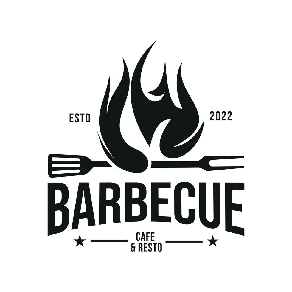 logotipo do restaurante grill vintage hipster com garfo e espátula de fogo. design de vetor de carimbo de logotipo