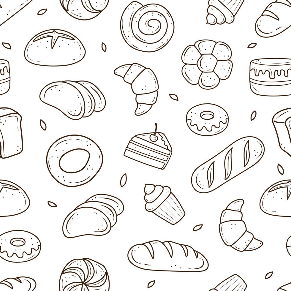 um padrão de assados desenhados no estilo de doodle. pão preto e branco, bolo, monchik, croissant. ilustração vetorial em um fundo branco. vetor