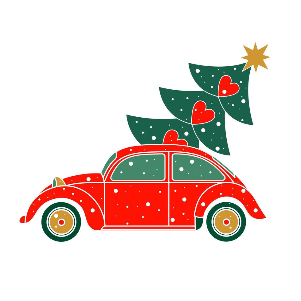 carro vermelho com uma árvore de natal. ilustração vetorial de um carro retrô com uma árvore de natal vetor