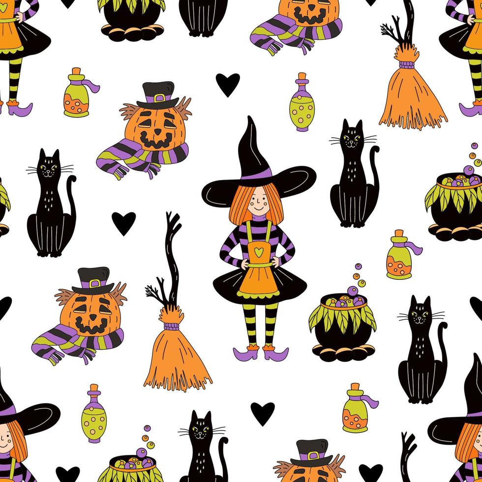 padrão perfeito de halloween com bruxinhas, gatos pretos, vassouras, caldeirões e garrafas de veneno em fundo branco. ilustração vetorial desenhada à mão em estilo doodle vetor