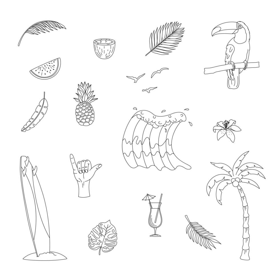 conjunto de elementos de surf desenhados à mão. ondas, prancha de surf, palmeiras, folhas tropicais e muito mais. vetor