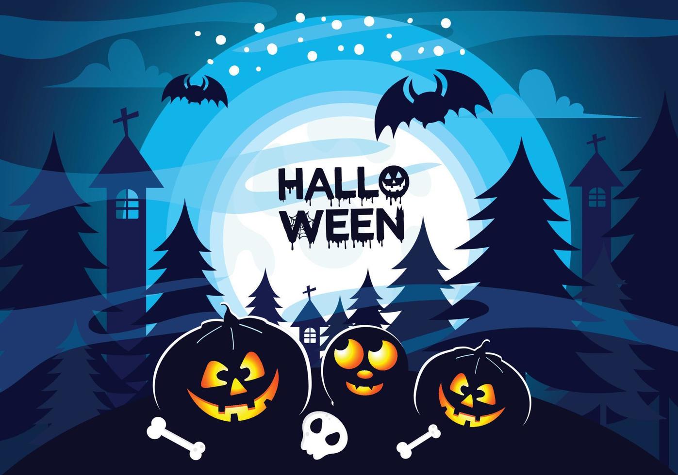 assustador halloween fantasia vector castelo bruxa abóbora morcego azul luar ilustrações de fundo.