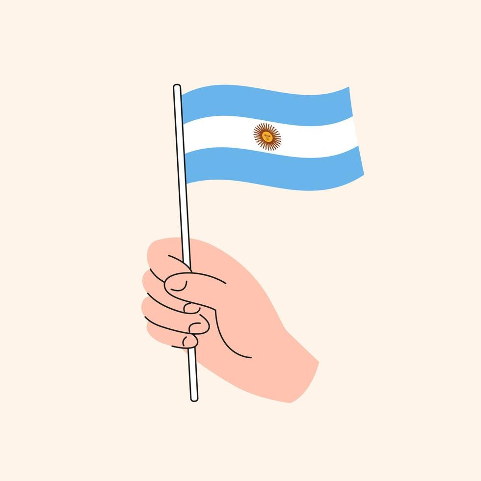 mão dos desenhos animados segurando o ícone da bandeira argentina. a bandeira da argentina, ilustração do conceito. vetor de design plano isolado.