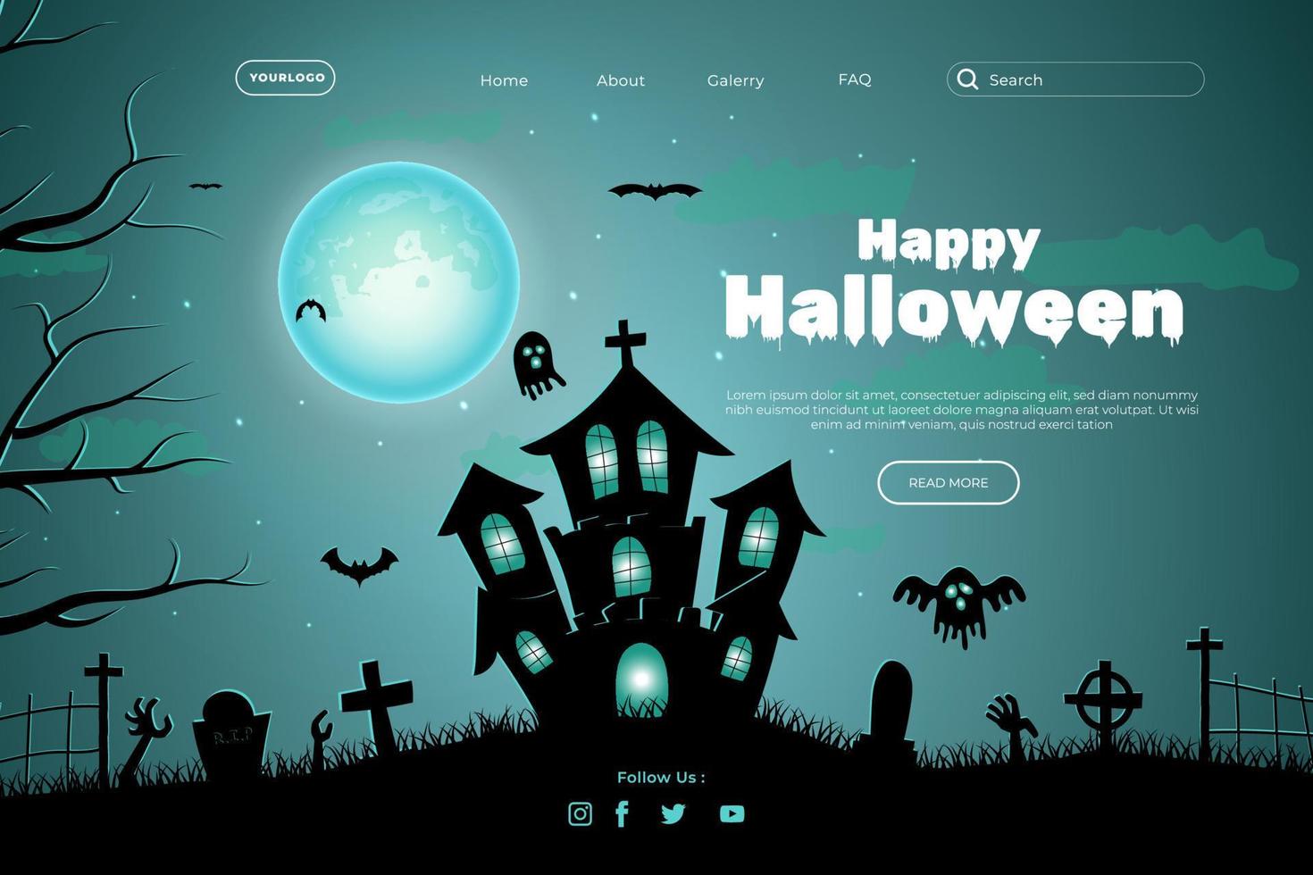 design de site feliz dia das bruxas. modelo de página de destino de halloween plano com silhuetas de abóboras, morcegos e casa assombrada vetor