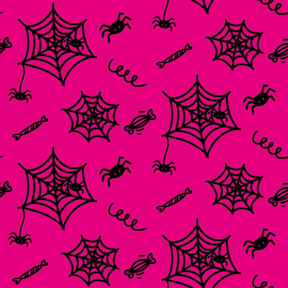 vetor padrão sem emenda de halloween de teia de aranha, aranha, cachos, doces. ilustração engraçada e fofa para design sazonal, têxtil, decoração infantil ou cartão de felicitações. impressões e rabiscos desenhados à mão