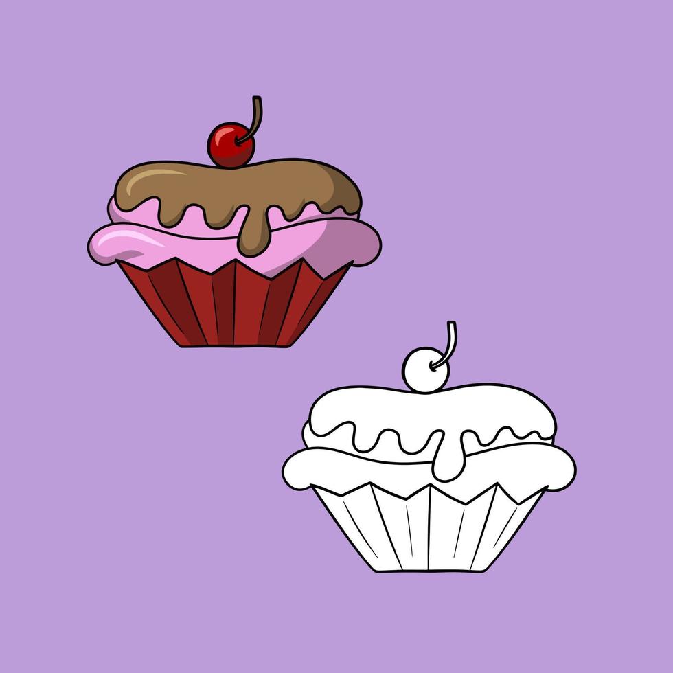 um conjunto de imagens, um grande bolo delicioso, um delicioso cupcake rosa com delicado creme de chocolate e cereja, uma ilustração vetorial em estilo cartoon em um fundo colorido vetor