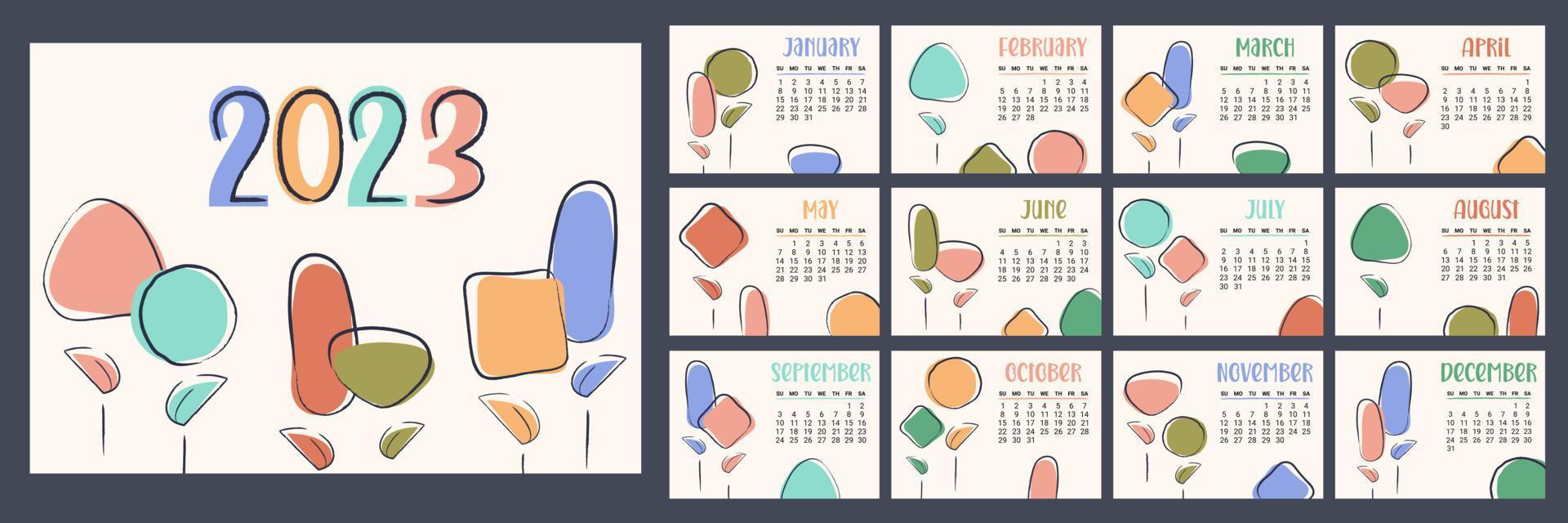 calendário floral 2023 páginas. planejador mensal moderno horizontal com flores abstratas, plantas. semana começa no domingo. modelo de organizador com capa em tamanho a4 a3 a2 a5.vector ilustração plana para impressão vetor