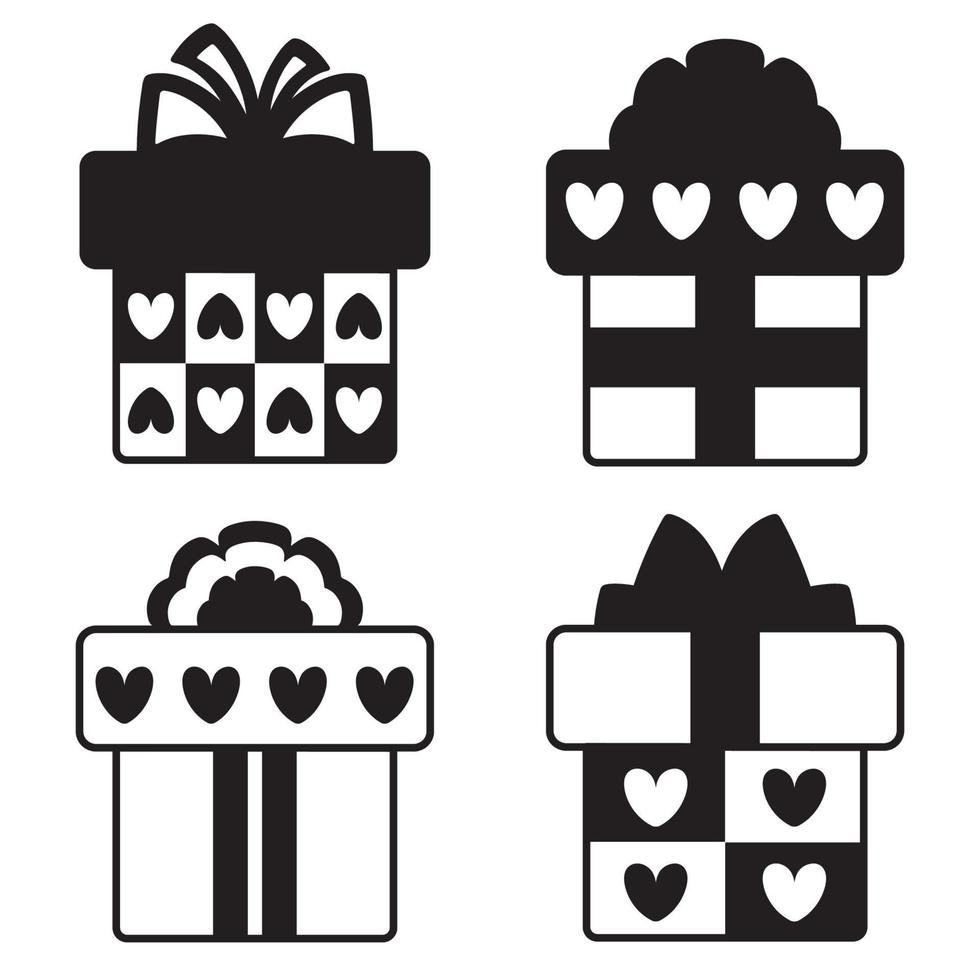 conjunto de presentes de dia dos namorados com corações. ícones de caixa de presente. ilustração em vetor estilo preto e branco.