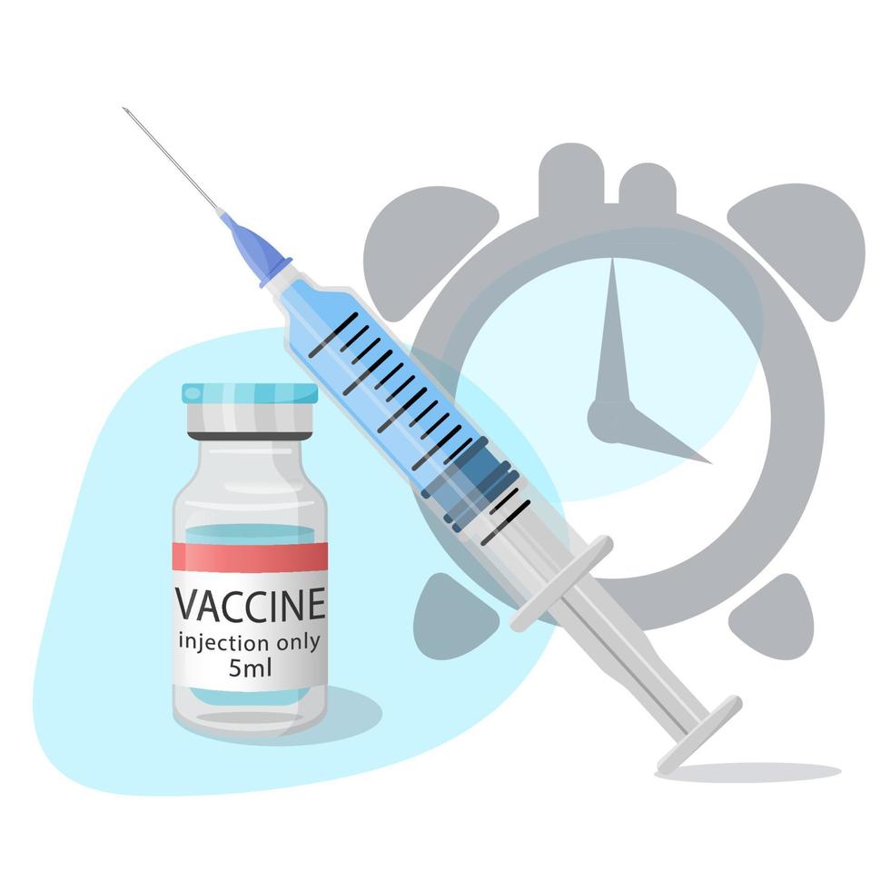 hora de vacinar. seringa com vacina, frasco de vacina, vacina antiviral em ampolas e relógio. vacinação, conceito de cuidados de saúde. proteção médica. ilustração em vetor plana.