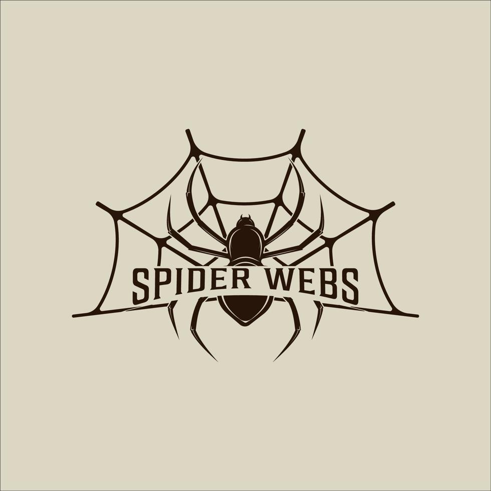 teias de aranha logotipo ilustração vetorial vintage modelo ícone design gráfico. sinal de inseto de silhueta ou símbolo para o conceito de natureza ou vida selvagem com tipografia vetor