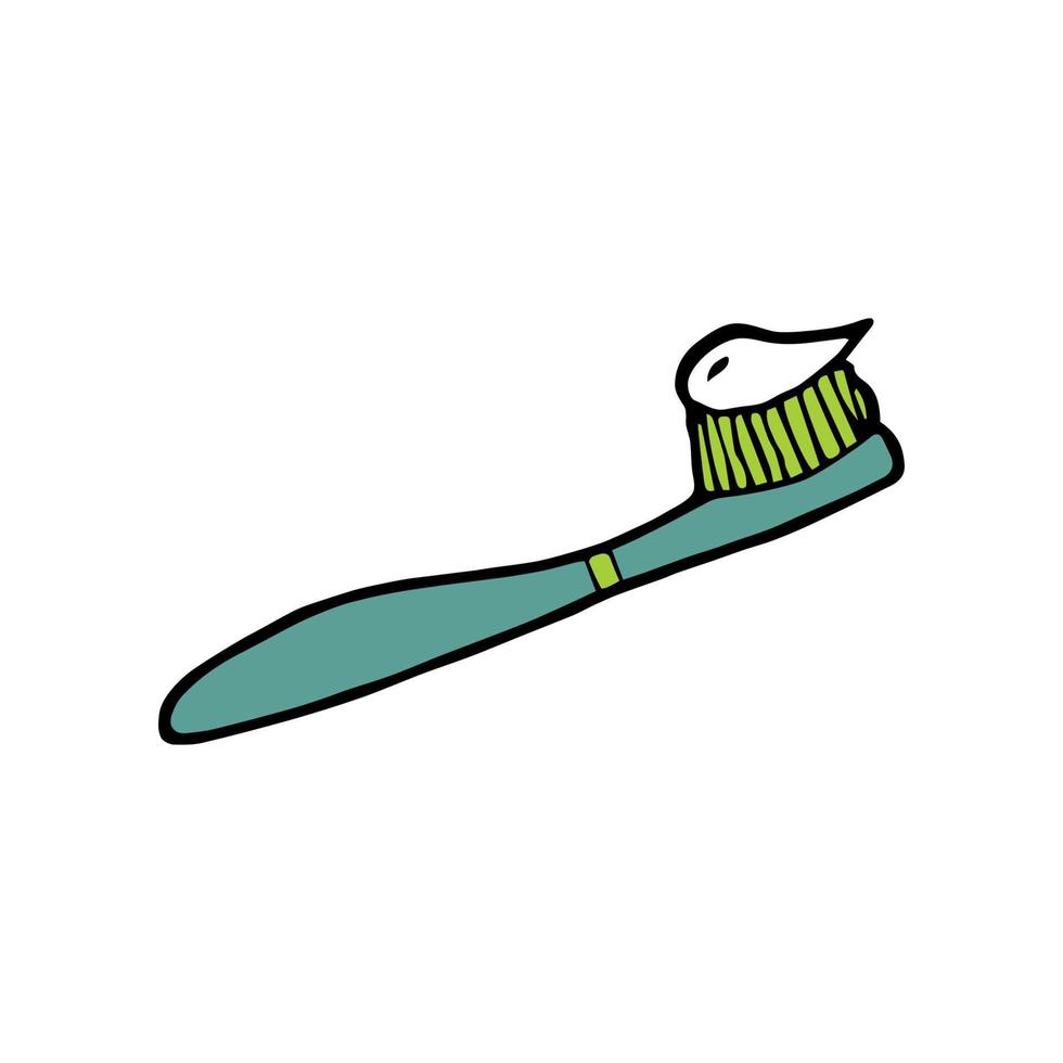 escova de dentes turquesa desenhada à mão com pasta de dente branca. clipart vetorial. vetor