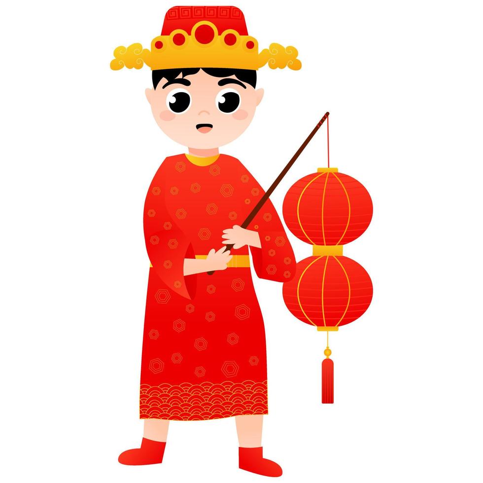 menino bonito em traje nacional chinês segurando lanternas vermelhas em estilo cartoon para elemento decorativo de ano novo lunar vetor