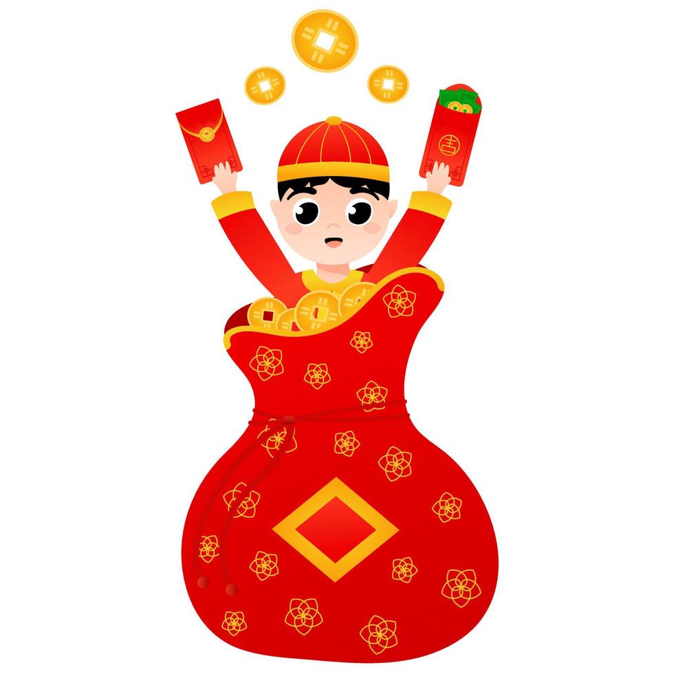 menino bonito em traje nacional chinês escondido no saco da sorte com dinheiro e moedas em estilo cartoon para o ano novo lunar vetor