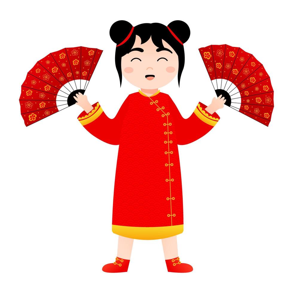linda garota em traje nacional chinês segurando fãs vermelhos em estilo cartoon para elemento decorativo de ano novo lunar vetor