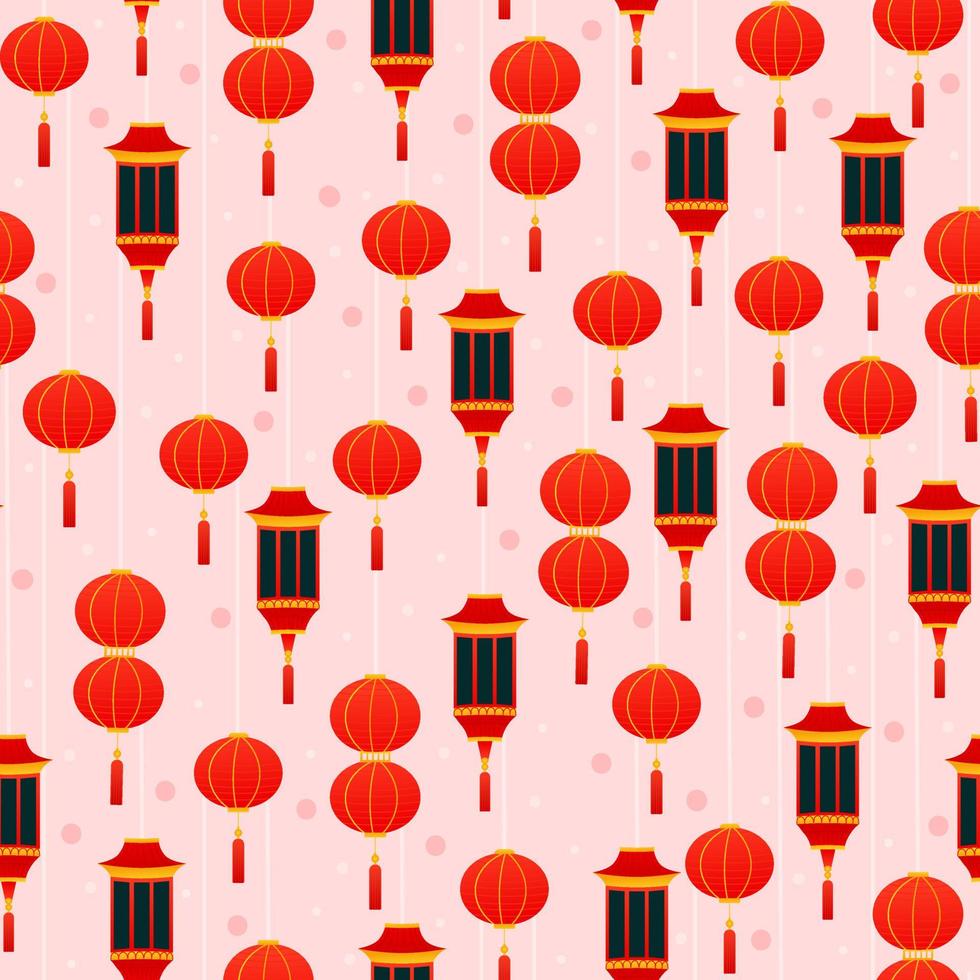 padrão sem costura de lanternas vermelhas chinesas em fundo rosa em estilo cartoon para impressão ou papel de parede, ano novo lunar vetor