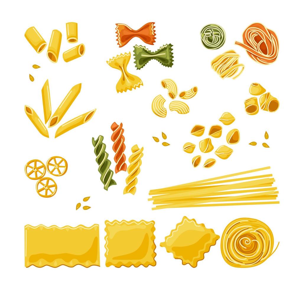 várias pastas multicoloridas em um fundo branco e isolado. cozinha italiana de macarrão. ilustração vetorial de desenho animado vetor