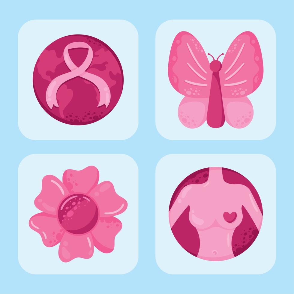 quatro ícones de conscientização do câncer de mama vetor