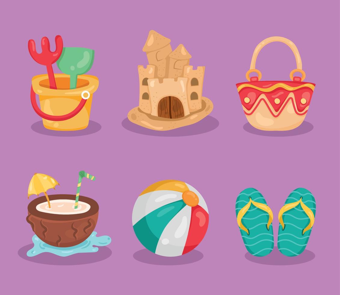 seis ícones de férias de verão vetor