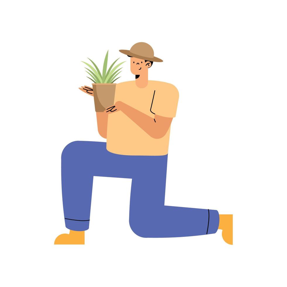 agricultor masculino com planta de casa vetor
