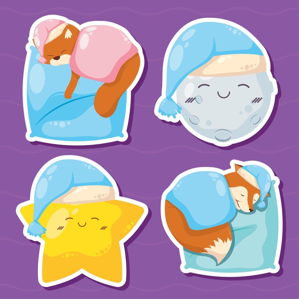 quatro personagens fofinhos dormindo vetor