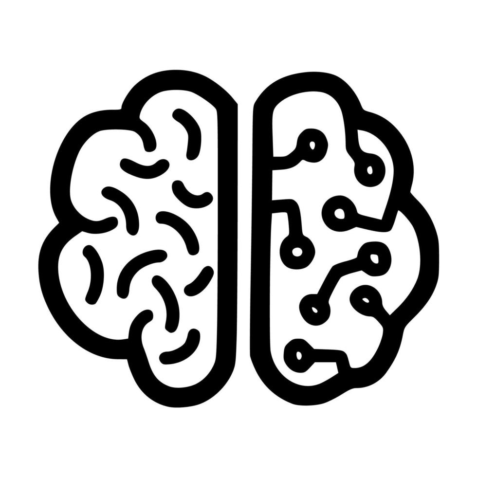 design de ícone de ilustração vetorial lineart de circuito cerebral de meia inteligência artificial com estilo desenhado à mão doodle vetor