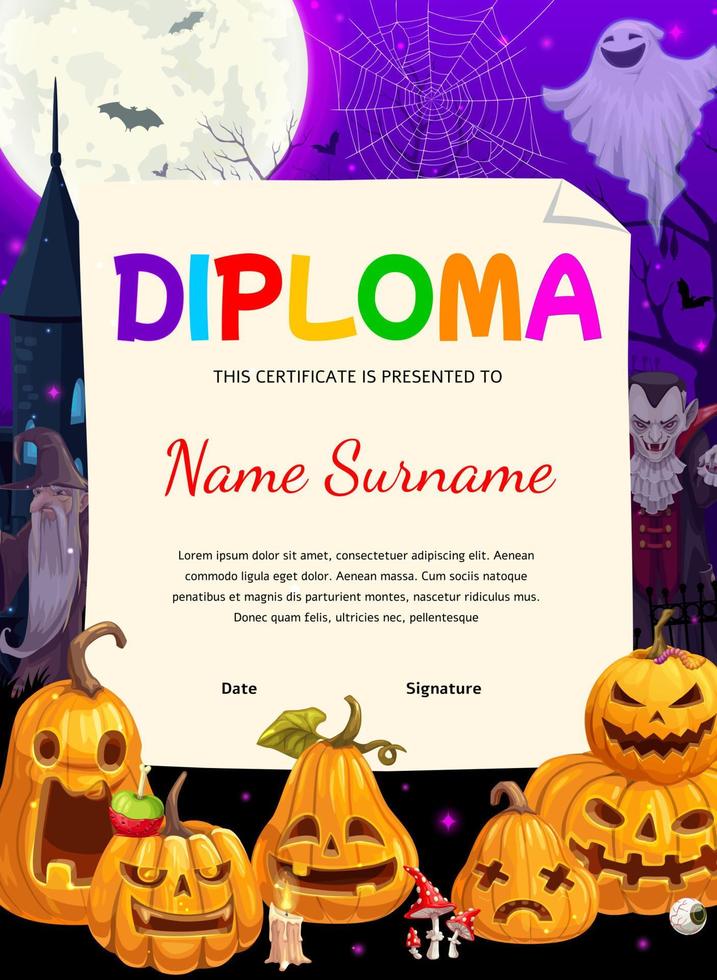 diploma infantil com abóbora de halloween, fantasma, assistente vetor