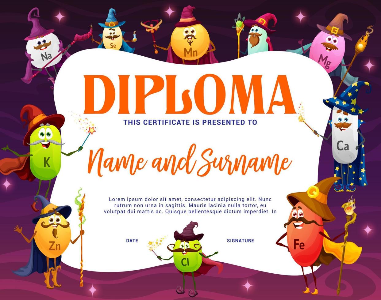 diploma infantil com personagens de mago de vitamina de desenho animado vetor