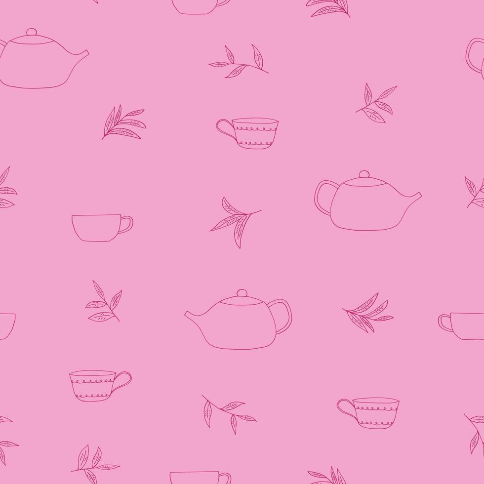 xícara, bule, folhas de chá sem costura padrão desenhado à mão no estilo doodle. bebida quente, cerimônia do chá. têxtil, papel de embrulho, plano de fundo, papel de parede vetor