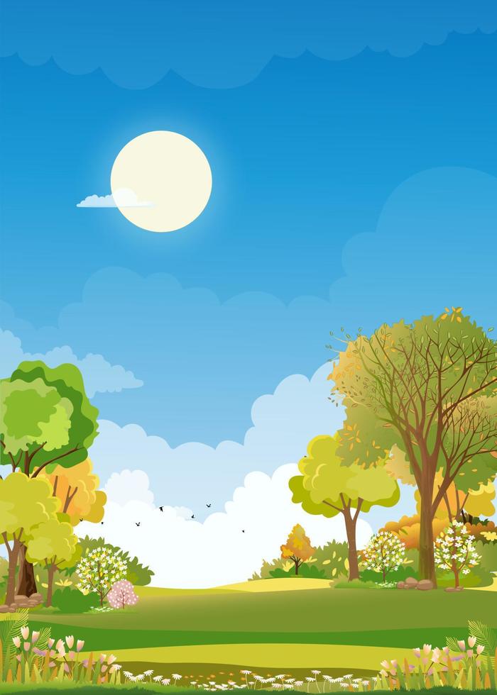 paisagem de campos verdes de primavera com fundo de céu azul e nuvens, natureza rural pacífica de vetor na primavera com terra de grama na manhã. desenho vertical para banner de primavera e verão