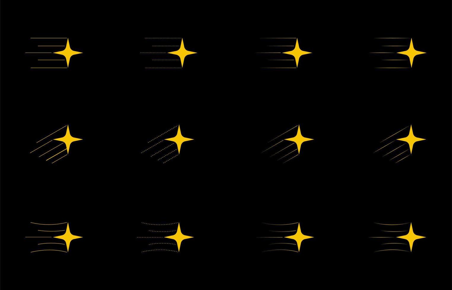 ícone de estrela cadente amarelo, ouro, laranja isolado no fundo preto. cauda de cometa ou vetor de trilha estelar isolado em um fundo branco. poeira de estrela cadente de meteorito simples