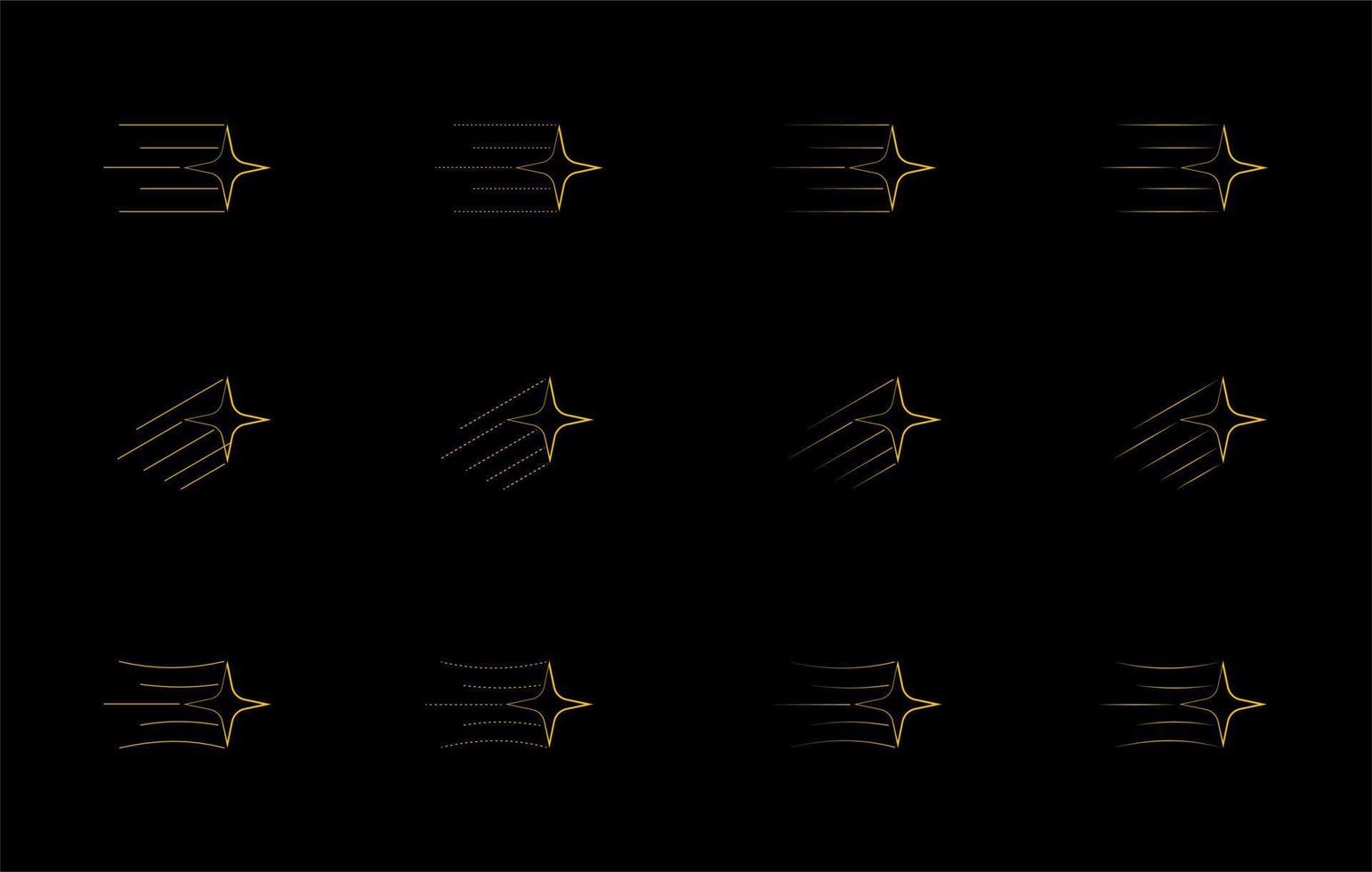 ícone de contorno de estrela cadente amarelo, ouro, laranja isolado no fundo preto. cauda de cometa ou vetor de trilha estelar isolado em um fundo branco. poeira de estrela cadente de meteorito simples