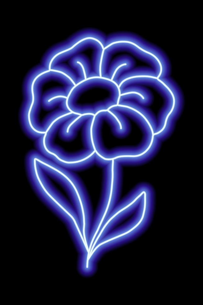 flor azul neon com pétalas e folhas em um fundo preto. ilustração simples vetor