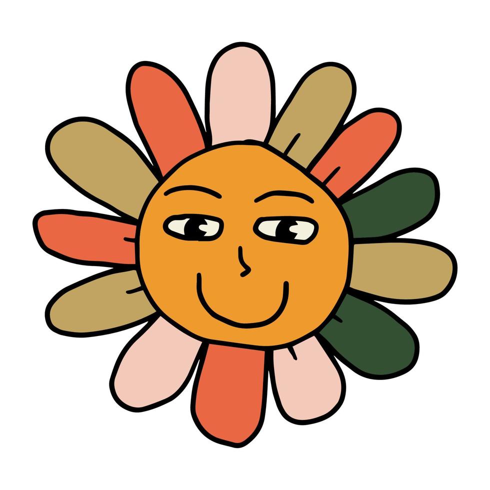 hippie de flor sorridente groovy. margarida sorridente retrô dos anos 70 positivo vetor