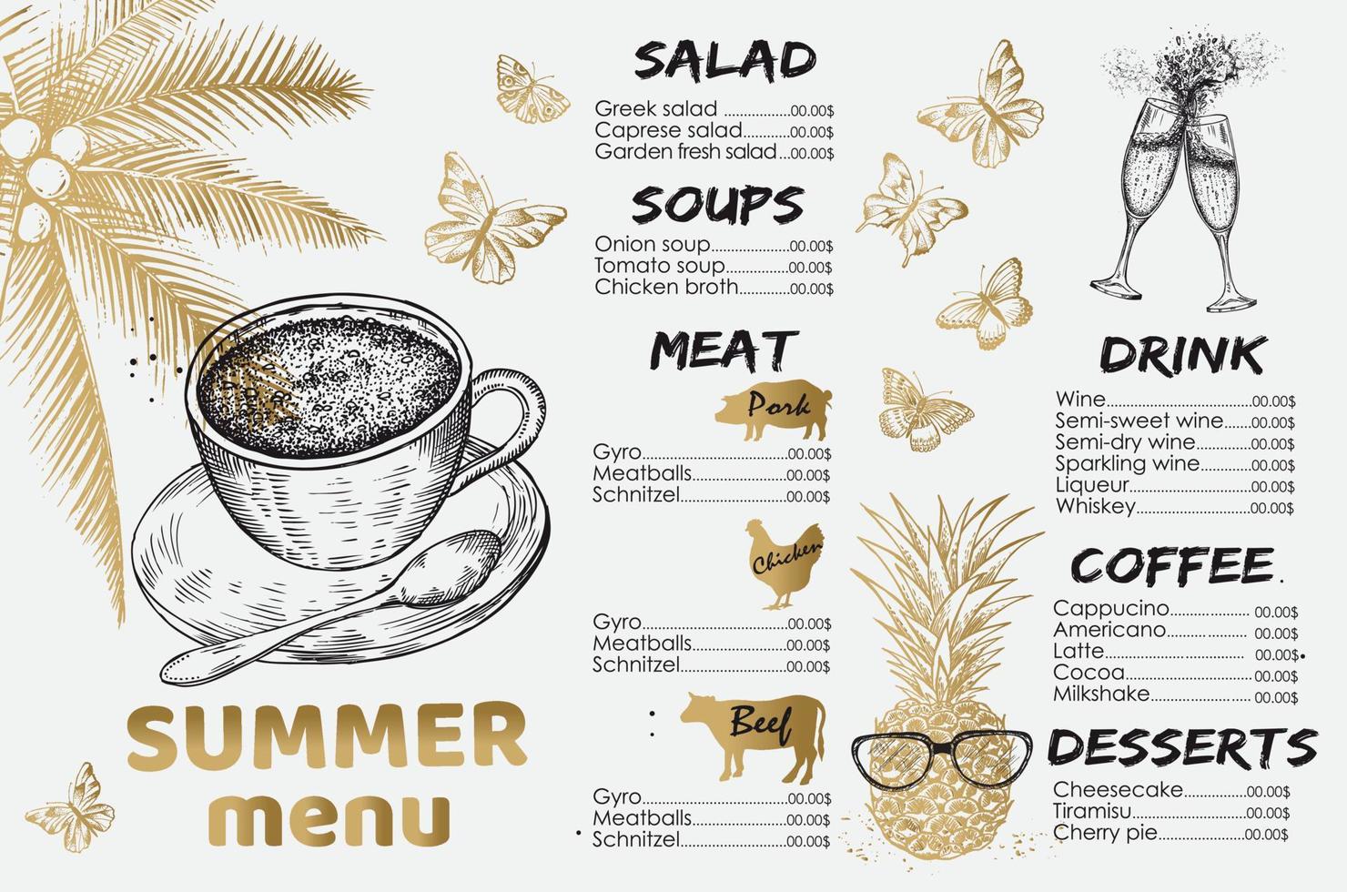 design de menu de verão do restaurante. ilustrações desenhadas à mão. vetor