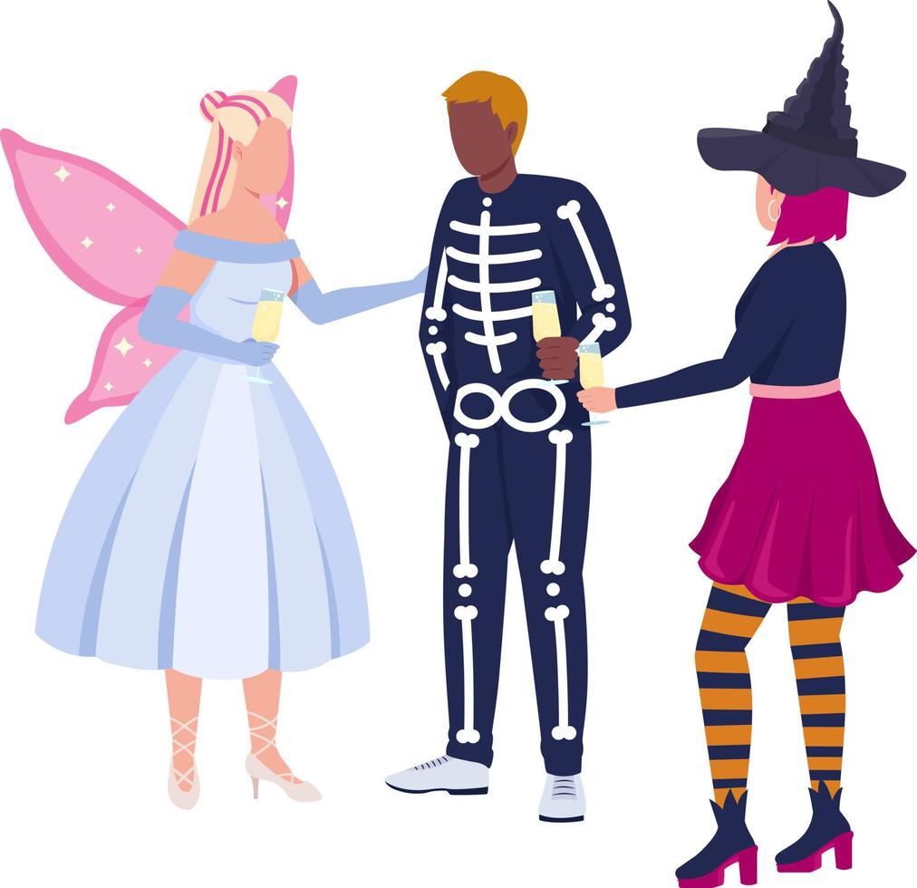 amigos com fantasias comemorando personagens vetoriais de cores semi planas de halloween. figuras editáveis. pessoas de corpo inteiro em branco. ilustração simples de estilo cartoon para web design gráfico e animação vetor