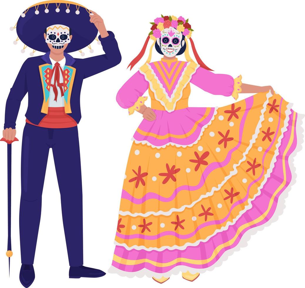 personagens de vetor de cores semi planas de trajes tradicionais mexicanos. figuras editáveis. pessoas de corpo inteiro em branco. morto de ilustração de estilo de desenho animado simples morto para web design gráfico e animação