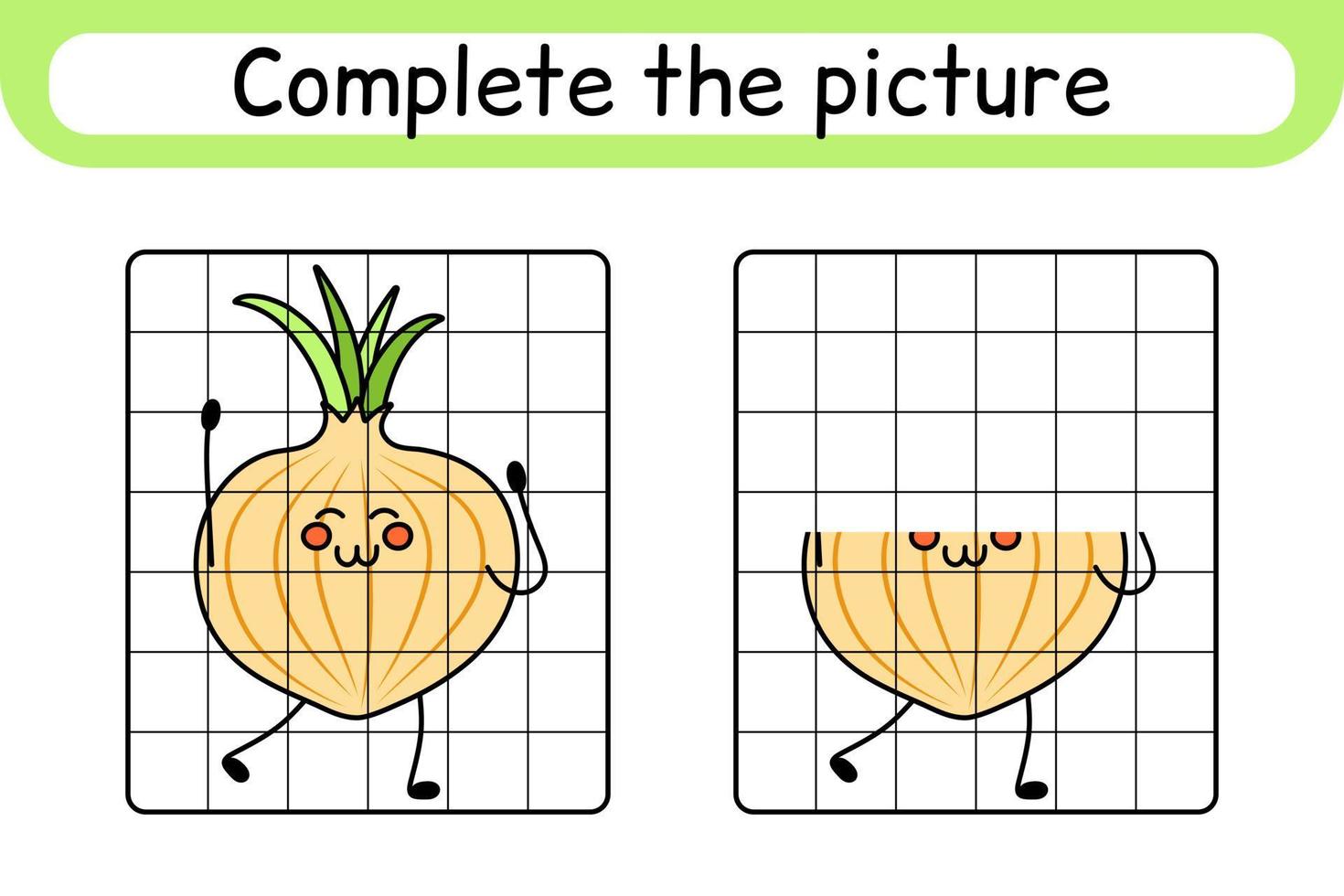 complete a cebola imagem. copie a imagem e a cor. terminar a imagem. livro de colorir. jogo de exercício de desenho educacional para crianças vetor