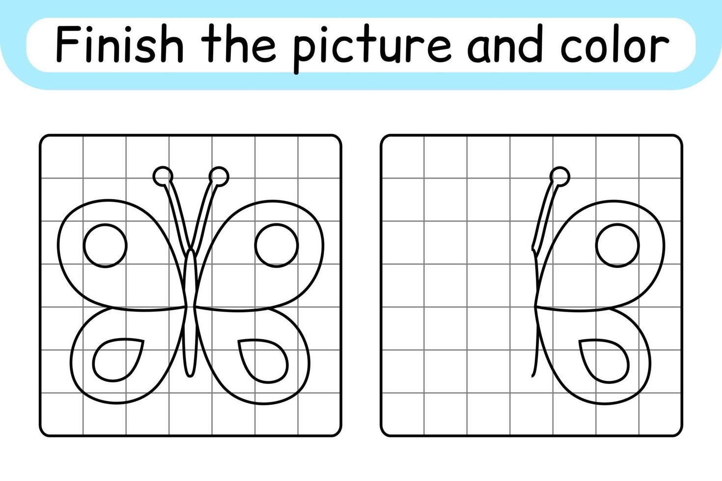 complete a borboleta de imagem. copie a imagem e a cor. terminar a imagem. livro de colorir. jogo de exercício de desenho educacional para crianças vetor