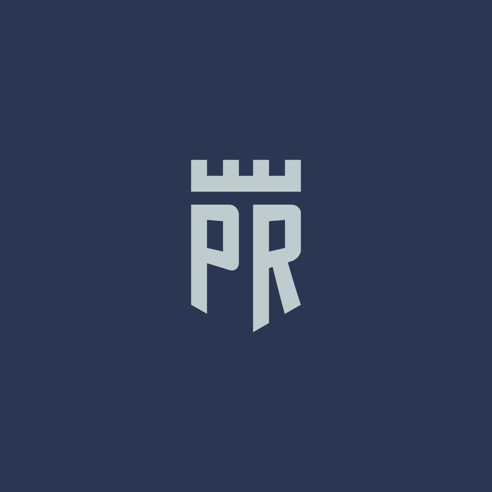 pr logotipo monograma com castelo fortaleza e design de estilo escudo vetor
