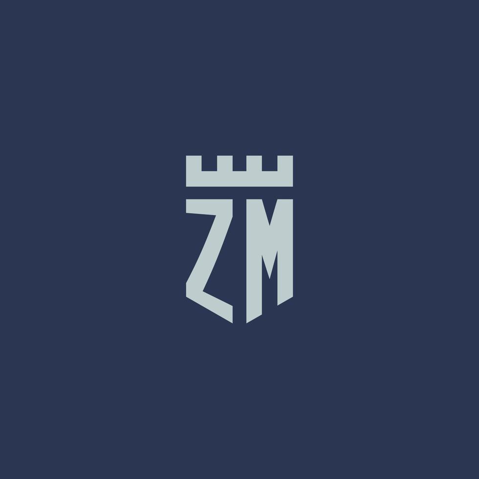 monograma do logotipo zm com castelo fortaleza e design de estilo escudo vetor