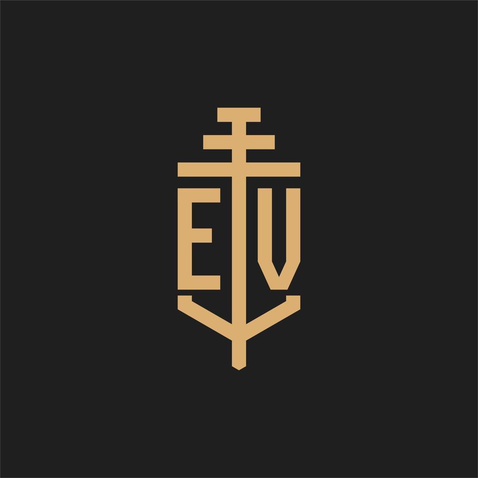 ev monograma de logotipo inicial com vetor de design de ícone de pilar