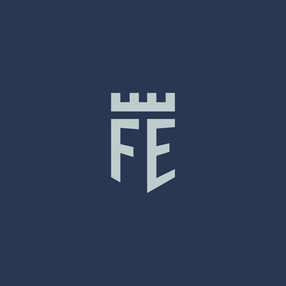 monograma do logotipo fe com castelo fortaleza e design de estilo escudo vetor