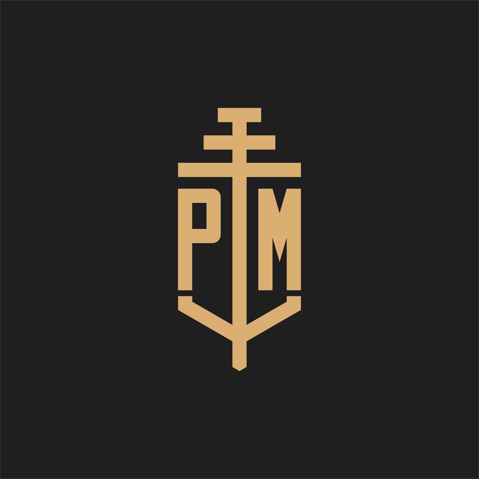 pm monograma de logotipo inicial com vetor de design de ícone de pilar