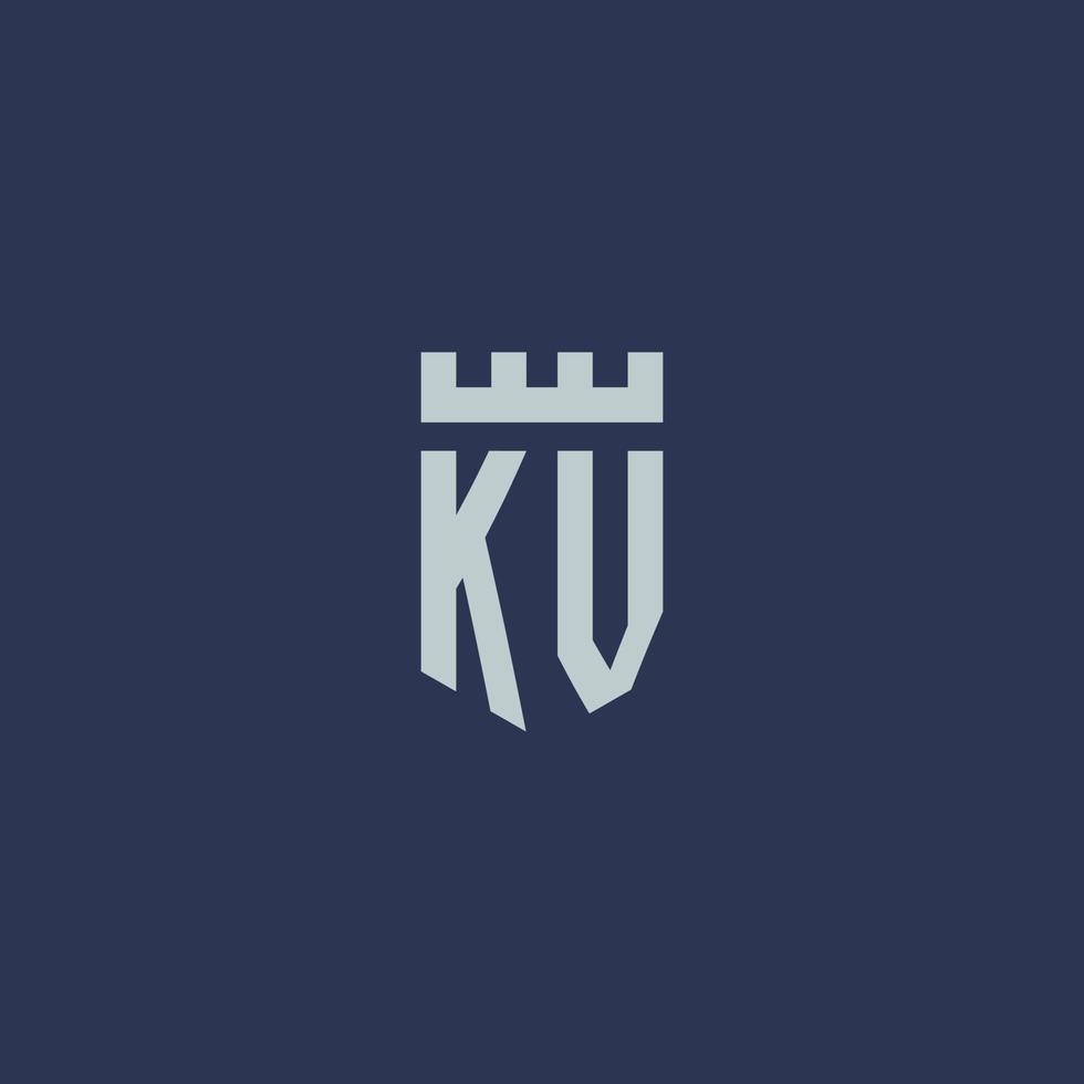 kv logotipo monograma com castelo fortaleza e design de estilo escudo vetor