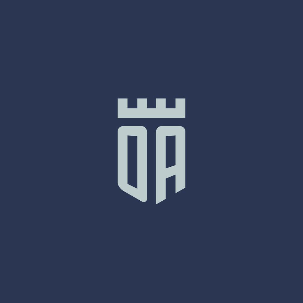 monograma de logotipo oa com castelo fortaleza e design de estilo escudo vetor