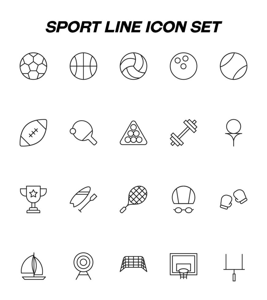 esporte, hobby, conceito de atividade. vector sinal minimalista desenhado em estilo simples. ícone de linha definido com símbolos de várias bolas, raquete de tênis, boliche, haltere, taça vencedora, natação etc