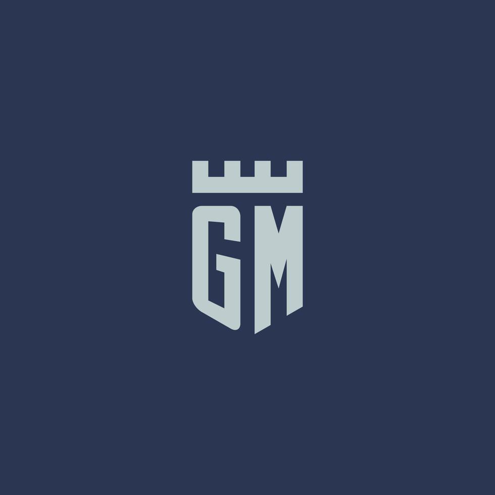 monograma de logotipo gm com castelo fortaleza e design de estilo escudo vetor