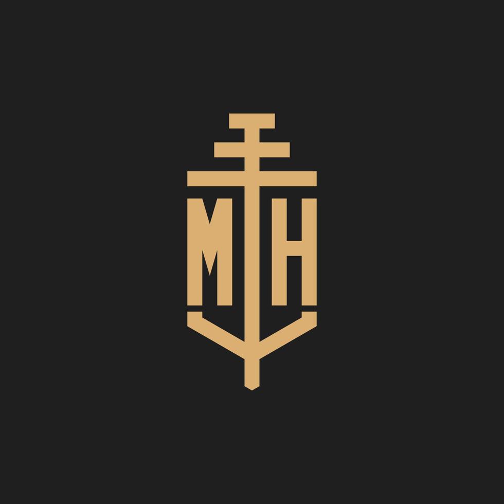 mh monograma de logotipo inicial com vetor de design de ícone de pilar