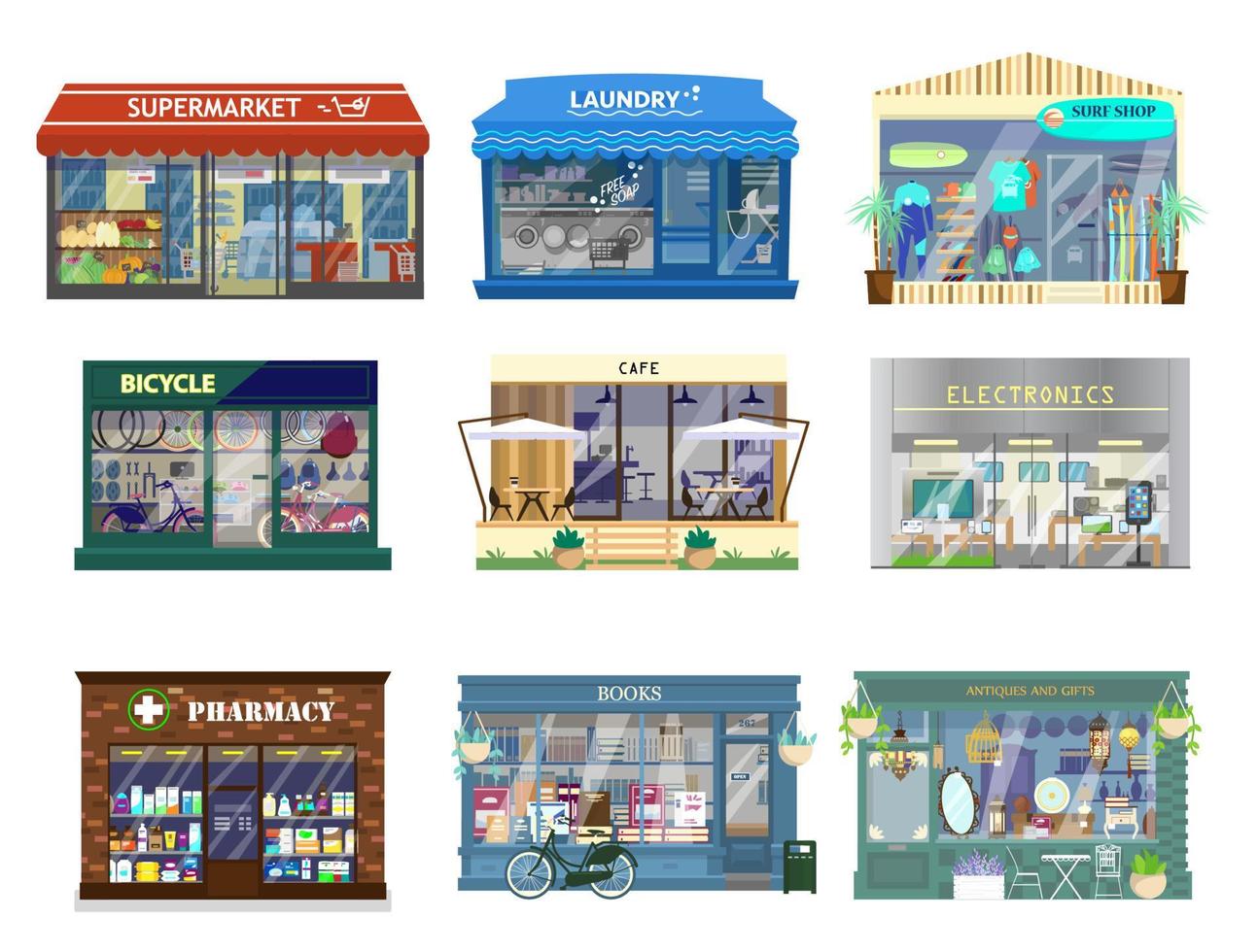 conjunto de vetores de edifícios de lojas. supermercado, lavanderia, loja de surf, bicicletas, café, eletrônicos, farmácia, livros, antiguidades e presentes. vitrine da loja. ilustração plana.